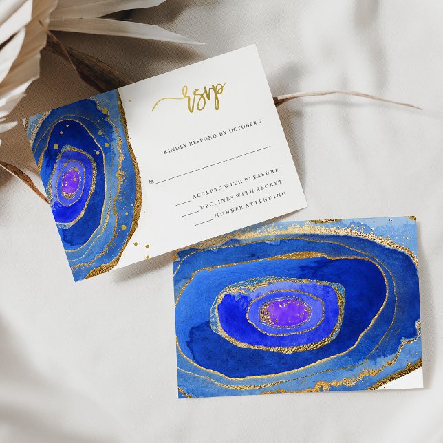 Aquarellblau-Geode mit Gold | Hochzeit RSVP Karte (Von Creator hochgeladen)