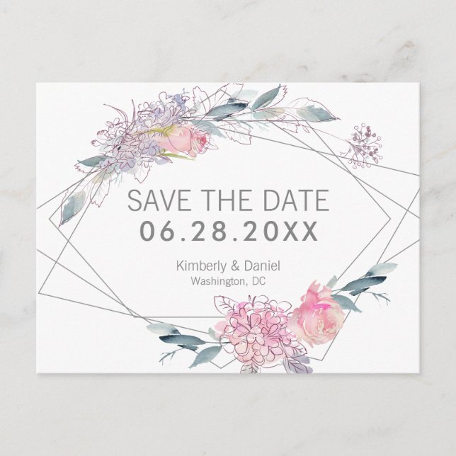 Aquarellblau - Geometrie Save the Date Ankündigungspostkarte (Vorderseite)