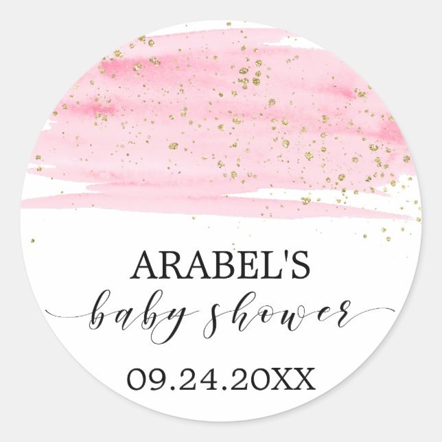 Aquarellblau & Gold Sparkle Baby Dusche Gefallen Runder Aufkleber (Vorderseite)