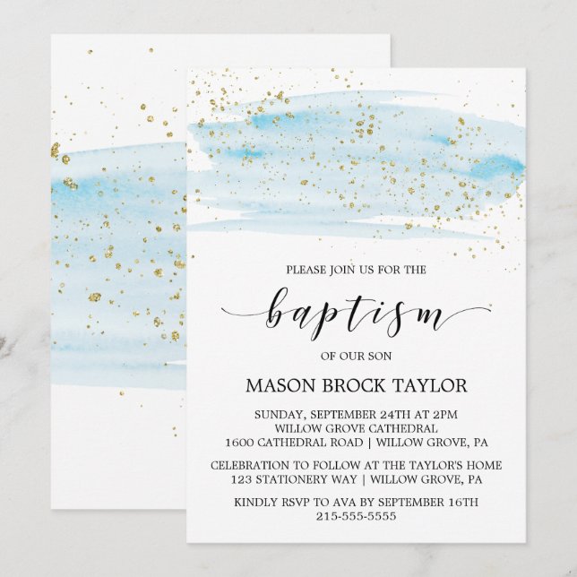 Aquarellblau & Gold Sparkle Taufe Einladung (Vorne/Hinten)