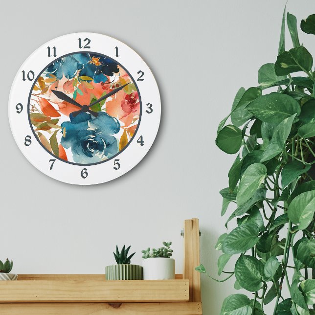 Aquarellblau, Gold und Korallenorange Große Wanduhr (Von Creator hochgeladen)