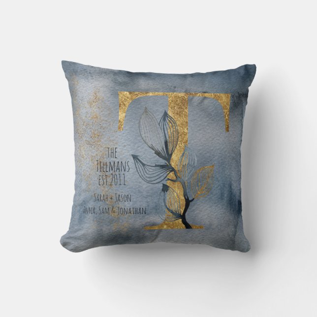 Aquarellblau Grau Gold T Monogram Throw Pillow Kissen (Vorderseite)