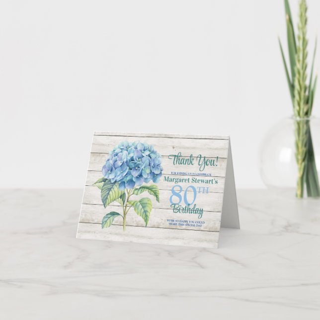 Aquarellblau Hydrangea 80. Geburtstag Dankeskarte (Vorderseite)