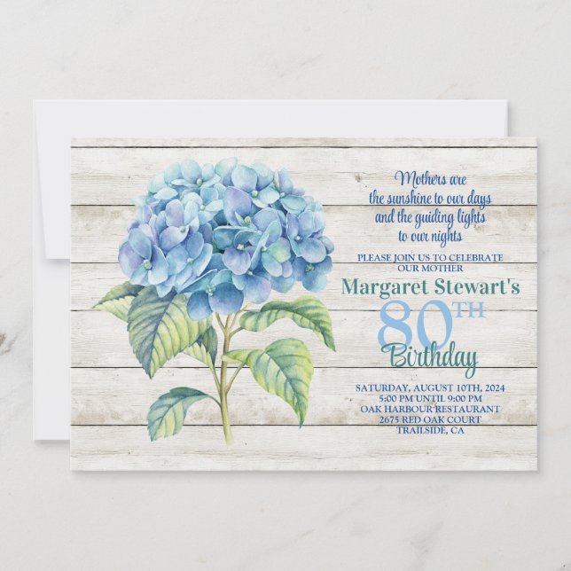 Aquarellblau Hydrangea 80. Geburtstag Einladung (Vorderseite)