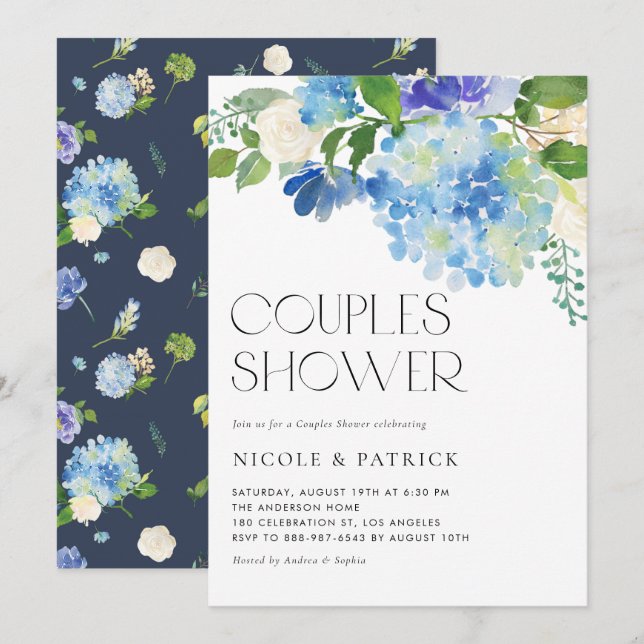 Aquarellblau Hydrangea Blumenpaare Dusche Einladung (Vorne/Hinten)
