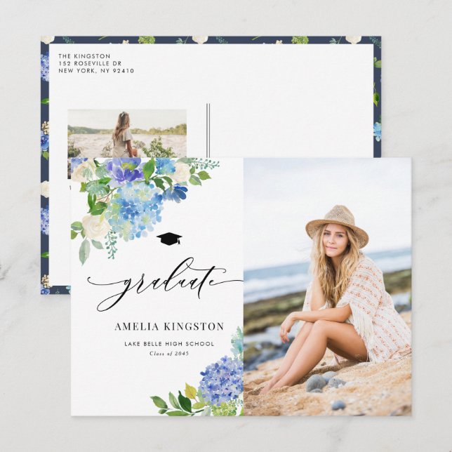 Aquarellblau Hydrangea Foto Abschluss Einladungspostkarte (Vorne/Hinten)