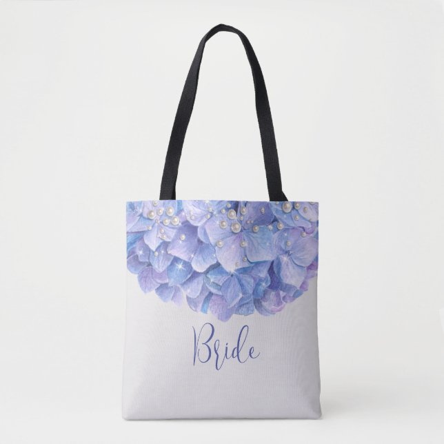 Aquarellblau Hydrangea Pearl Brautparty Tasche (Vorderseite)