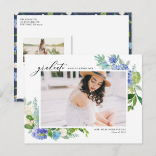 Aquarellblau Hydrangea Rahmen Foto Abschluss Ankündigungspostkarte