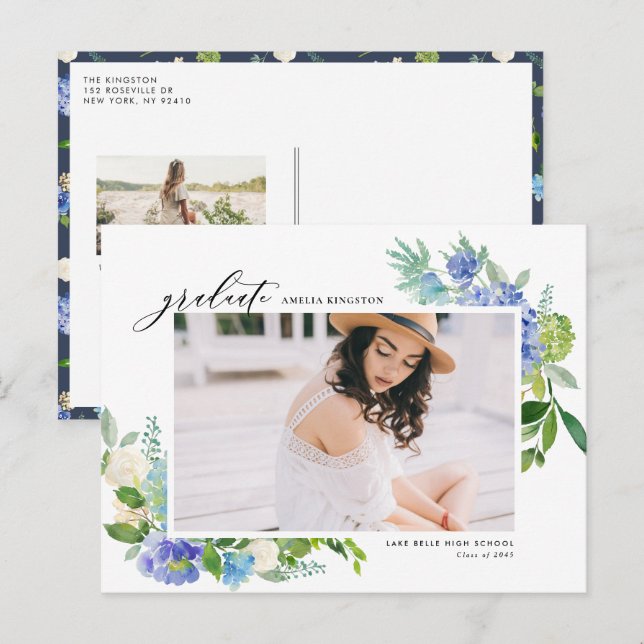 Aquarellblau Hydrangea Rahmen Foto Abschluss Einladungspostkarte (Vorne/Hinten)