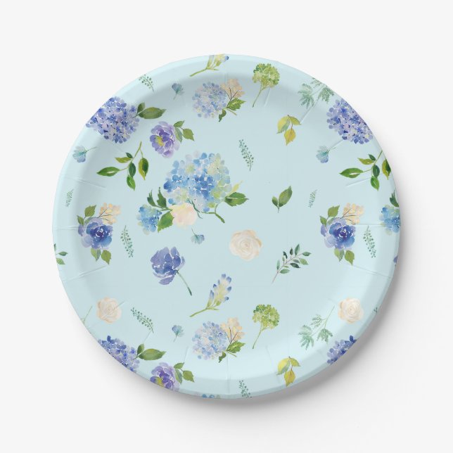 Aquarellblau Hydrangea und Rose Blumenmuster Pappteller (Vorderseite)