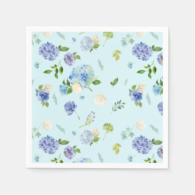 Aquarellblau Hydrangea und Rose Blumenmuster Serviette (Vorderseite)