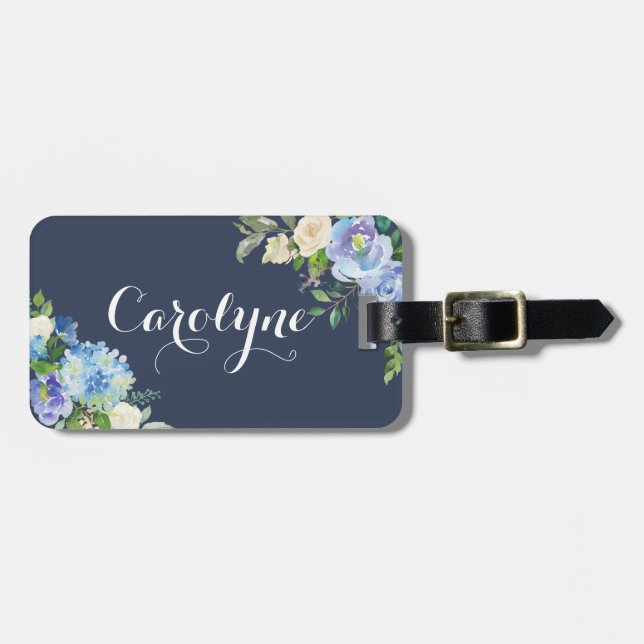 Aquarellblau Hydrangeas & Peongeas Personalisiert Gepäckanhänger (Vorderseite horizontal)