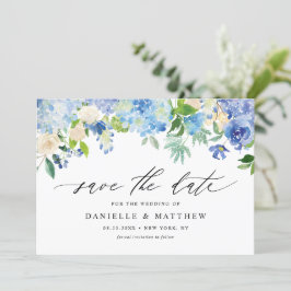 Aquarellblau-Hydrangeas und Elfenbein-Rose Save The Date