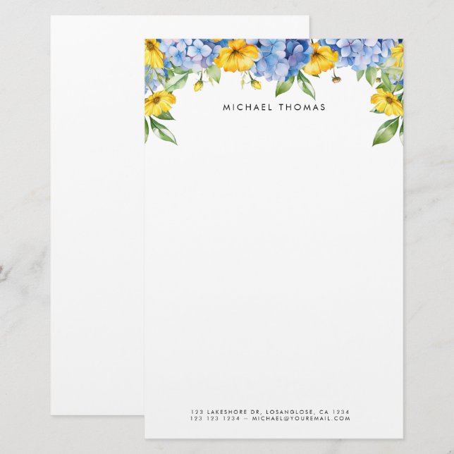 Aquarellblau Hydrangeas und Gelbe Blüten Briefpapier (Vorne/Hinten)