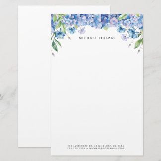 Aquarellblau Hydrangeas und Lila Blüten Briefpapier