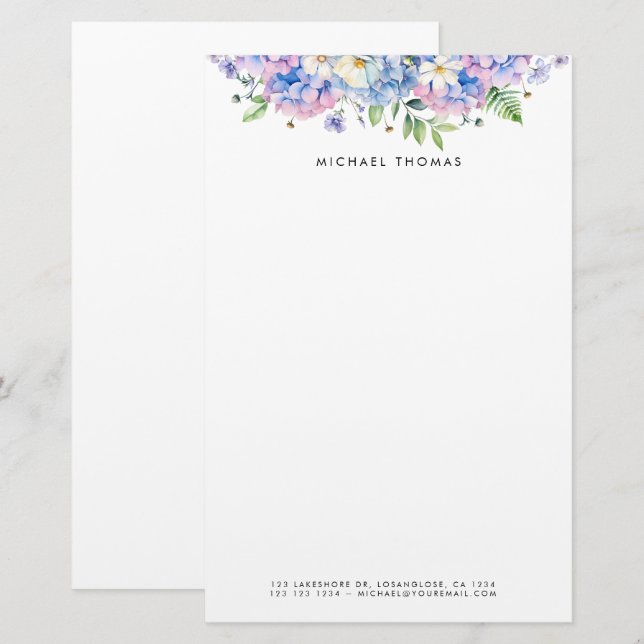 Aquarellblau Hydrangeas und weiße Blume Blütenblät Briefpapier (Vorne/Hinten)