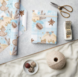 Aquarellblau Karierte Weihnachtskekse & Pudding Geschenkpapier