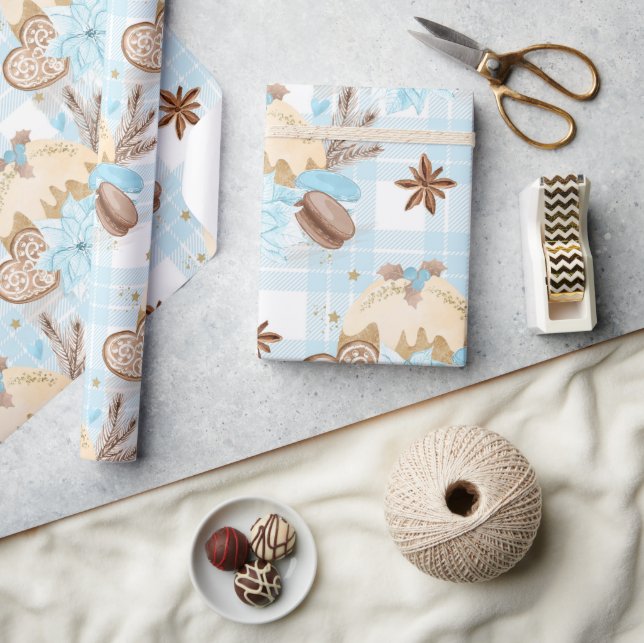 Aquarellblau Karierte Weihnachtskekse & Pudding Geschenkpapier (Kunsthandwerk)