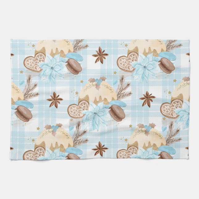 Aquarellblau Karierte Weihnachtskekse & Pudding Geschirrtuch (Horizontal)