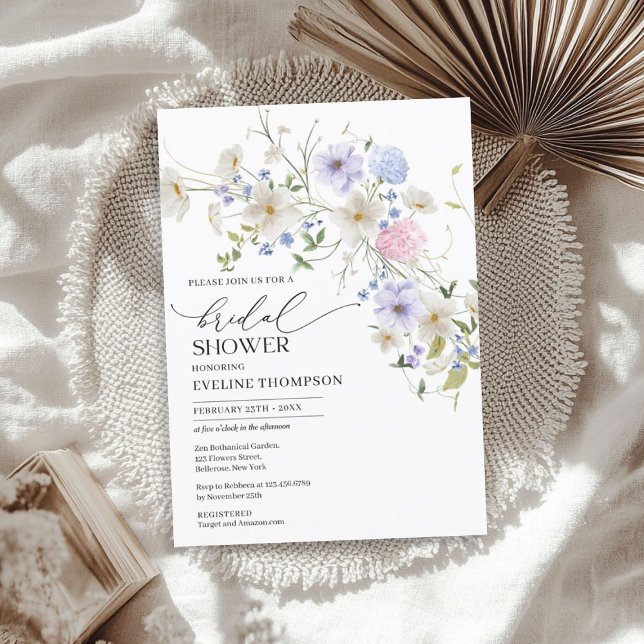 Aquarellblau lila rosa Wildblumen Einladung (Watercolor spring blue purple pink wildflowers invitation)