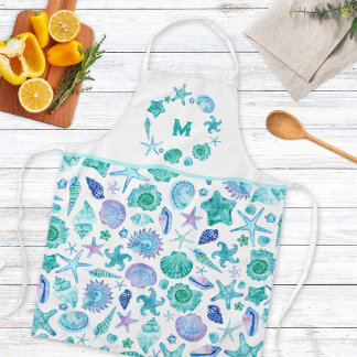 Aquarellblau-Muscheln und Starfish-Monogramm Schürze