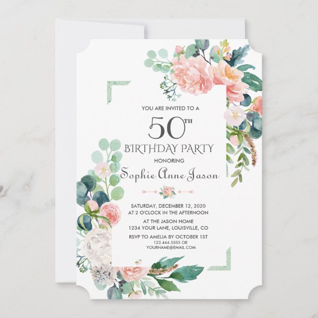 Aquarellblau-Peonies Rahmen 50. Geburtstag Einladung (Vorderseite)