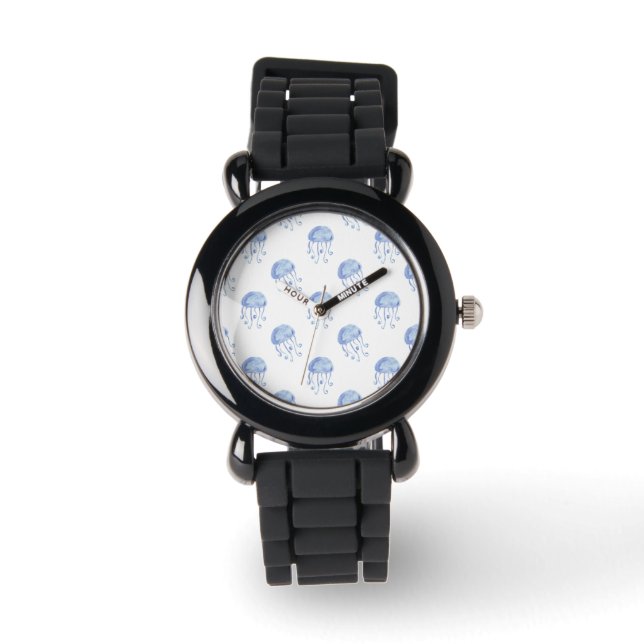 Aquarellblau-Quallen-Stranddesign Armbanduhr (Vorderseite)