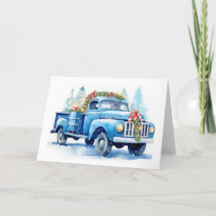 Aquarellblau Retro Weihnachtswagen Feiertagskarte