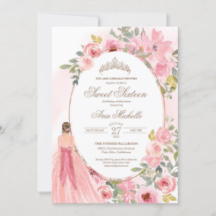 Aquarellblau Rosa Blumensaft 16 Geburtstag Einladung