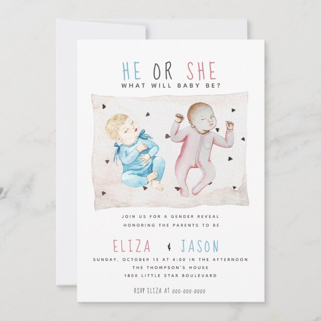 Aquarellblau Rosa Er oder sie Geschlecht zeigen Ni Einladung (Vorderseite)