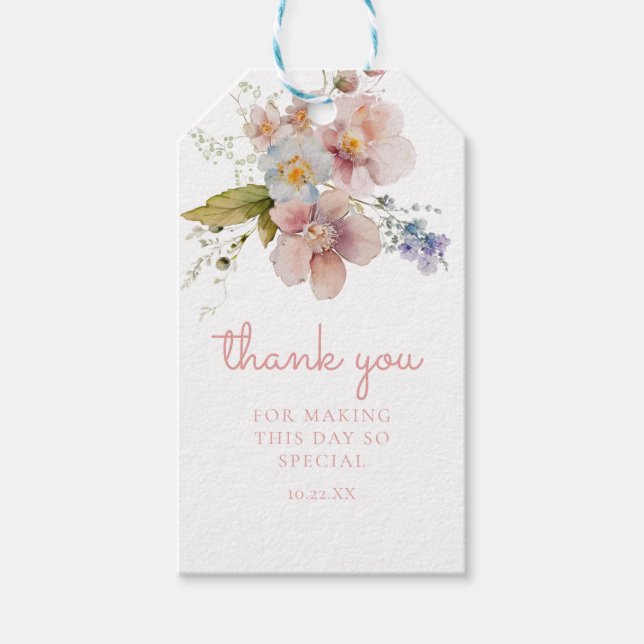 Aquarellblau Rosa Floral Vielen Dank Geschenkanhänger (Vorderseite)