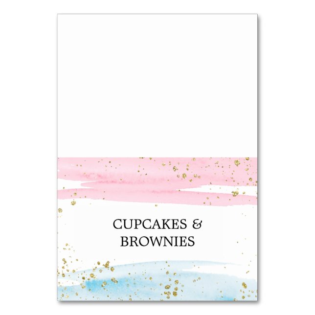 Aquarellblau-rosa-Geschlecht: Futter-Zelt-Karten Tischnummer (Vorderseite)