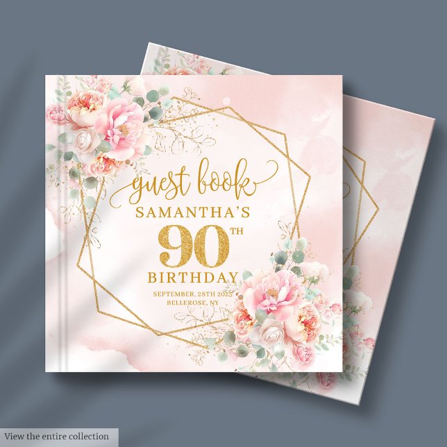 Aquarellblau Rosa Gold Glitzer Peonies 90. Gästebuch (Watercolor Blush Pink Gold Glitter Peonies 90th Guest Book)