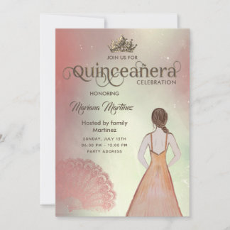 Aquarellblau Rosa Handfächer Tiara Quince Invi Einladung
