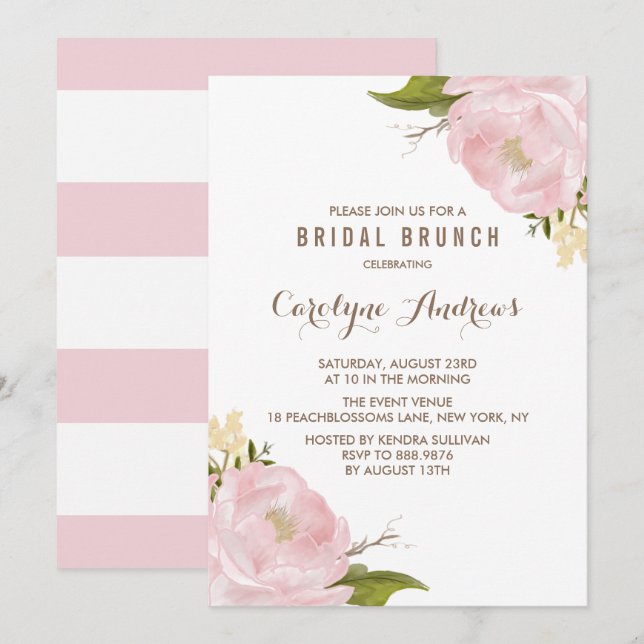 Aquarellblau Rosa Peonies Bridal Brunch Einladung (Vorne/Hinten)
