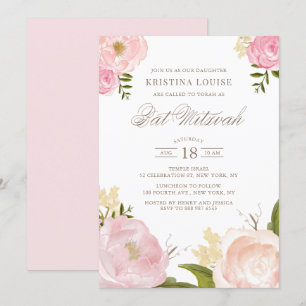 Aquarellblau Rosa Peony Floral Bat Mitzvah Einladung
