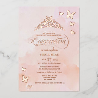 Aquarellblau Rosa Quinceñera Folieneinladung
