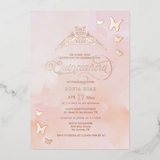 Aquarellblau Rosa Quinceñera Folieneinladung (Vorderseite)