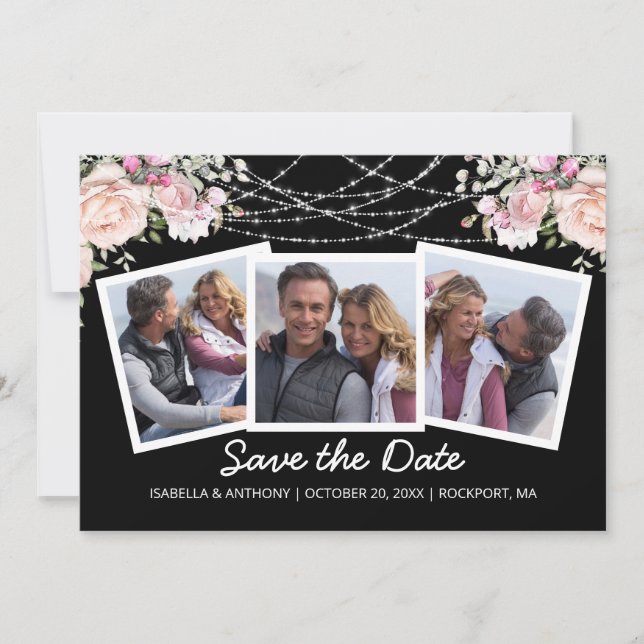 Aquarellblau Rosa Rose Blütenschwarz 3-Foto Save The Date (Vorderseite)