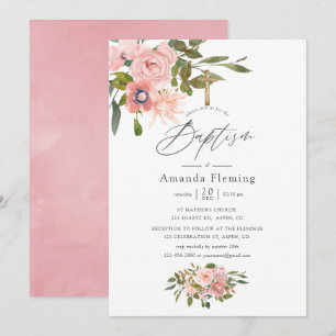 Aquarellblau Rosa und Rose Goldflorale Taufe Einladung
