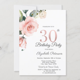Aquarellblau Rose 30. Geburtstag Einladung