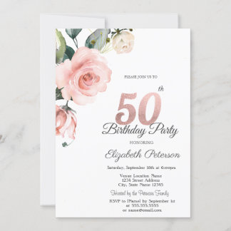Aquarellblau Rose 50. Geburtstag Einladung