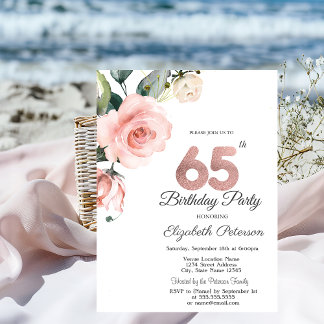 Aquarellblau Rose 65. Geburtstag Einladung