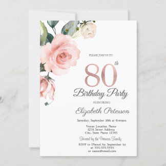 Aquarellblau Rose 80. Geburtstag Einladung