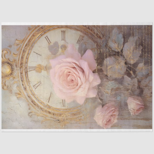 Aquarellblau-Rose Antikuhr Goldgrunge Seidenpapier (Vorderseite)