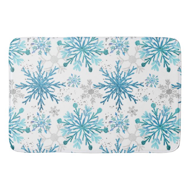 Aquarellblau & Silberner Glitzer Winterschneeflock Badematte (Vorderseite)