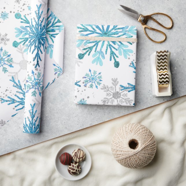 Aquarellblau & Silberner Glitzer Winterschneeflock Geschenkpapier (Kunsthandwerk)