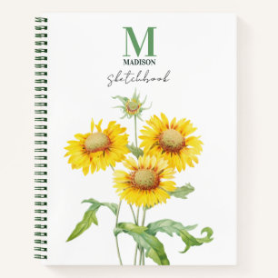 Aquarellblau-Sonnenblumen-Grünes Monogram-Sketchbo Notizbuch