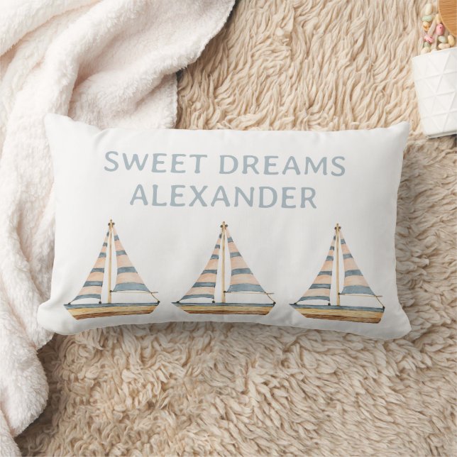Aquarellblau Streifen Sailboat Kinderzimmer Lendenkissen (Decke)