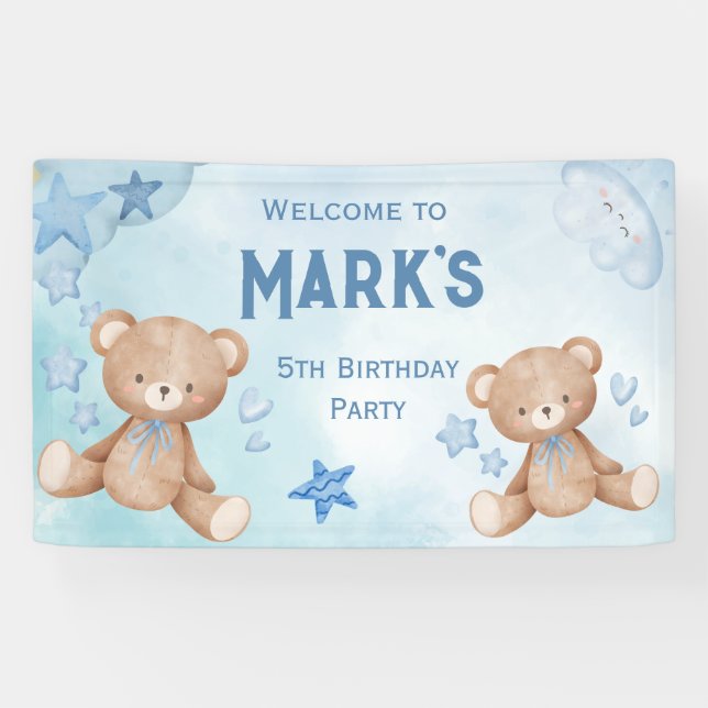 Aquarellblau Teddybär Kinder willkommen Banner (Horizontal)